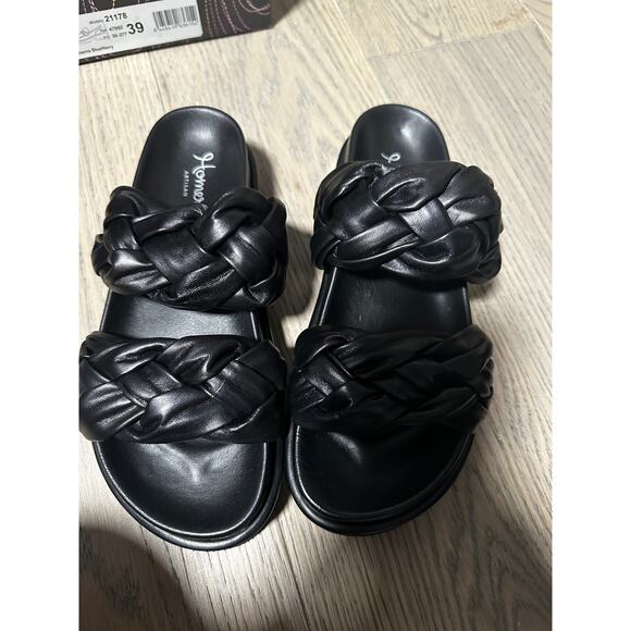 Homers Leather Braided Woven Platform Slip On Sandals Size 6 Sleek Black - Picture 1 of 2